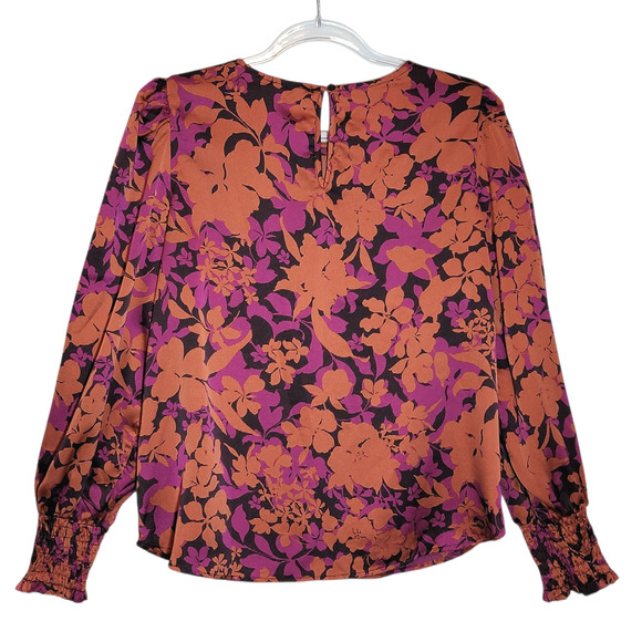 Pleione Floral Silky Blouse Scoop Neck Long Sleeve Purple Orange Black Top Large - Picture 7 of 13